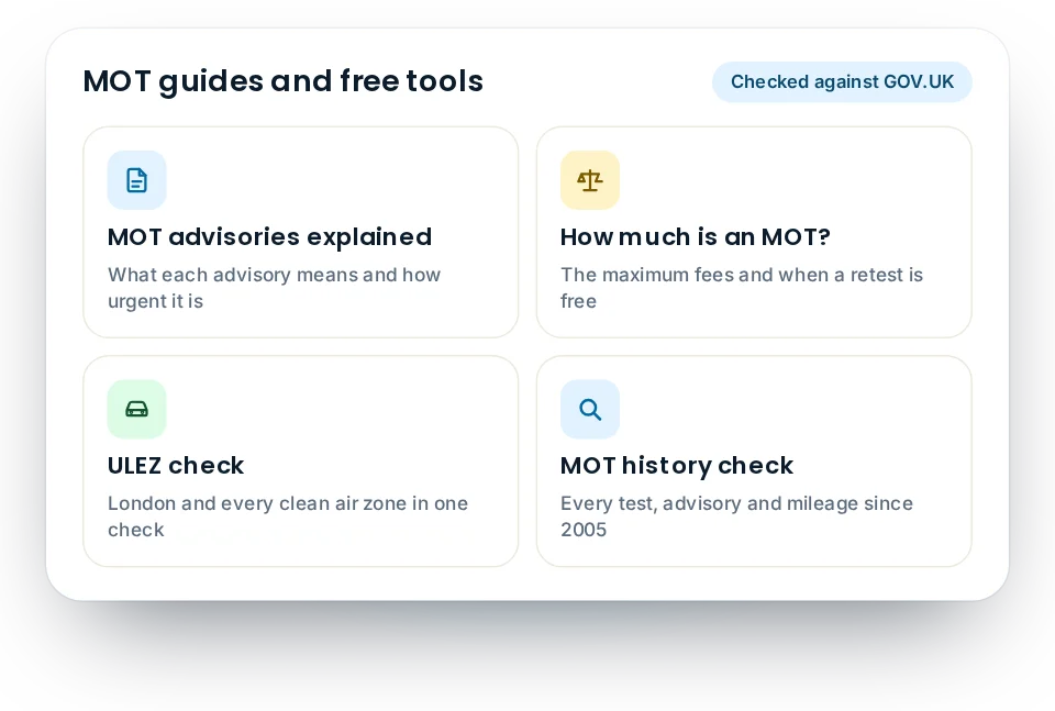 MOT guides for UK drivers covering MOT advisories, MOT costs, ULEZ checks and used car checks
