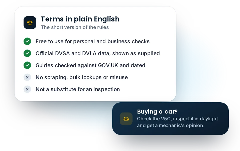 MOT Check Online terms of use in plain English: free checks, official data, fair use and the limits of a vehicle check