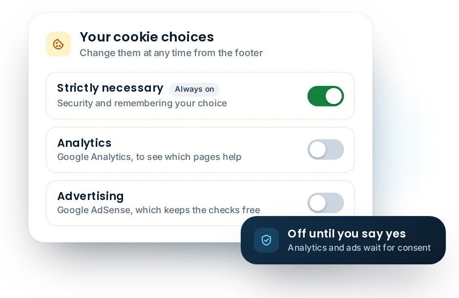 MOT Check Online cookie policy: strictly necessary cookies always on, analytics and advertising off until you agree